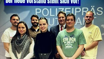 Der neue Vorstand: v.l. Dietmar Gernhard, Patricie König, Sinan Toksoy, Melissa Hennig, Tim Wolter, Alexander Bohn, Tobias Haarseim. Nicht auf dem Foto: Jan Quente | © © GdP-BW 2025 - alle Rechte vorbehalten | Vogt