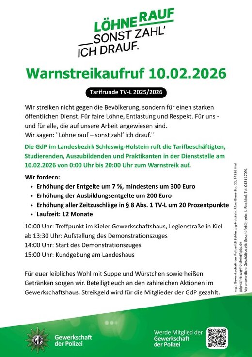 Warnstreikaufruf 10.02.2026 | © GdP SH